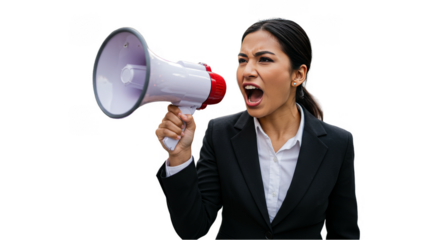 Isolated Portrait of Businesswoman Shouting into Megaphone with Power