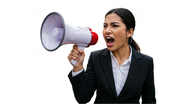 Isolated Portrait of Businesswoman Shouting into Megaphone with Power