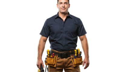 Isolated Portrait of Construction Worker with Tool Belt and Power Drill