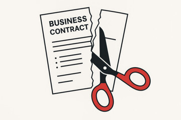 Business contract termination scissors cutting legal document paper. Agreement cancellation breach dissolution concept. Deal ending separation vector illustration