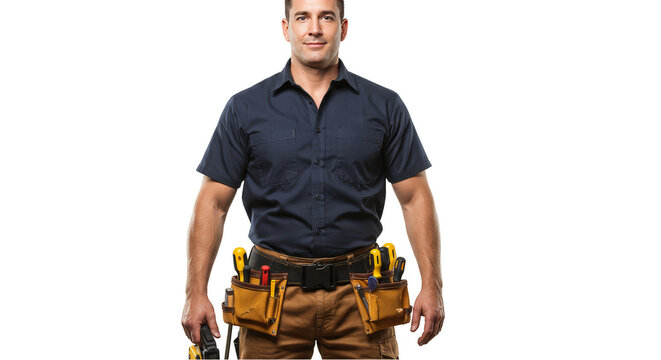 Isolated Portrait of Construction Worker with Tool Belt and Power Drill