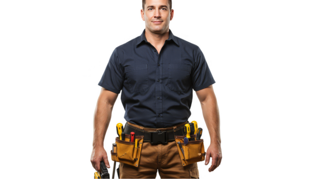 Isolated Portrait of Construction Worker with Tool Belt and Power Drill