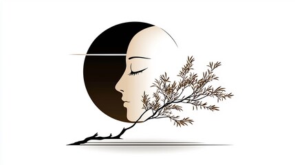Elegant woman's profile, serene face,  and delicate branch