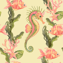 Watercolor illustration seamless pattern of pale yellow base with olive seaweed, coral fish, and yellow-lime seahorses. Ideal for eco-packaging, childrens textiles, and gift items