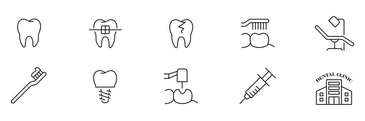 Dental 10 outline icon set. Containing tooth, dentist, toothpaste, toothbrush, teeth, implant and dentistry icons. Tooth, protect, healthy, shiny smile etc. Vector illustration. 