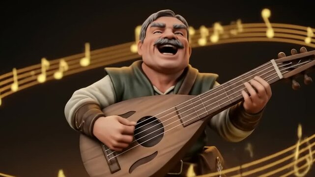 A joyful musician playing a lute surrounded by musical notes in a vibrant, animated setting