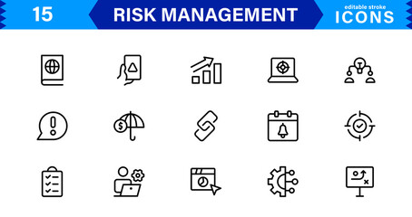 Professional Risk Management Icons Covering Danger, Planning, Assessment, Caution, and Prevention Concepts with a Minimal Clean Design