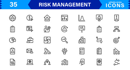 Professional Risk Management Icons Covering Danger, Planning, Assessment, Caution, and Prevention Concepts with a Minimal Clean Design