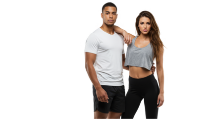 Fitness Couple Isolated with Woman in Grey Sport Top and Man in White T-Shirt