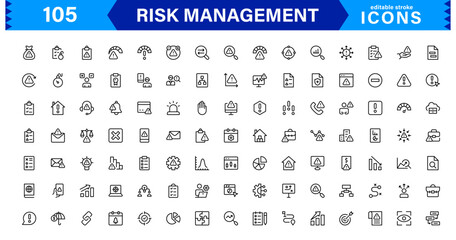 Professional Risk Management Icons Covering Danger, Planning, Assessment, Caution, and Prevention Concepts with a Minimal Clean Design