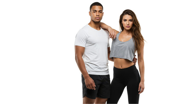 Fitness Couple Isolated with Woman in Grey Sport Top and Man in White T-Shirt