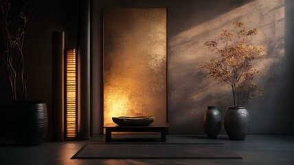 A very quiet room with lights shining on the walls.