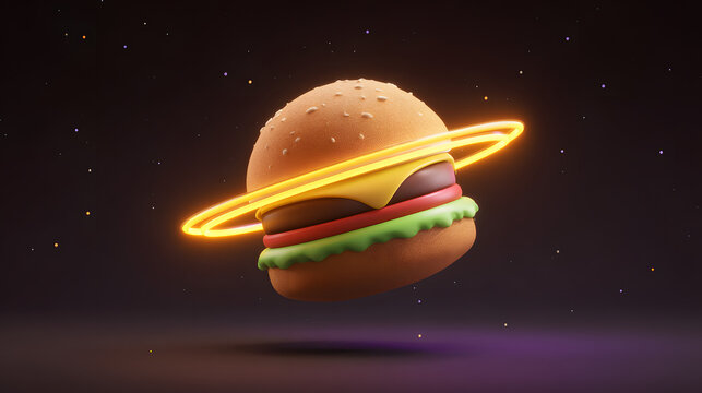 3D burger-shaped planet realistic cartoon burge