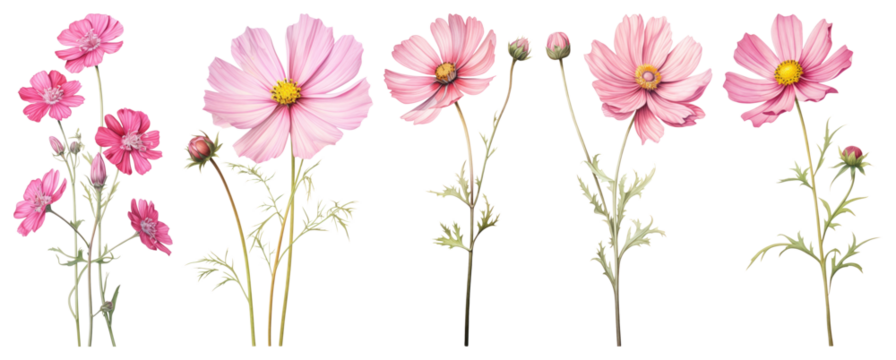 PNG Delicate pink cosmos flowers illustration, element set on transparent background