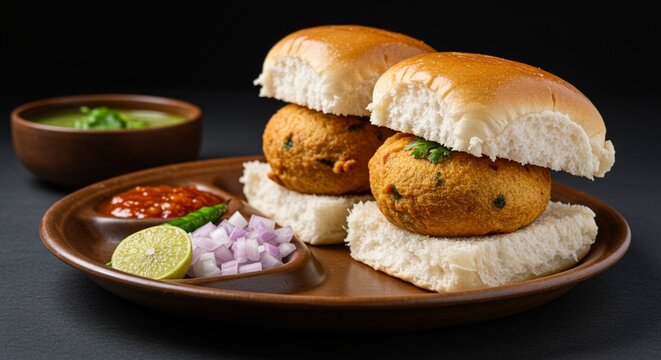 Spicy Indian vada pav served in buns with chutneys, chopped onions, green chili, and lime on a wooden plate, traditional street food from Maharashtra.