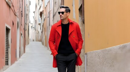 Obraz premium Stylish man in a red coat walks through an Italian alleyway.