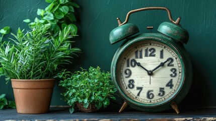 A vintage-style green alarm clock sits beside potted herbs on a dark wooden surface.