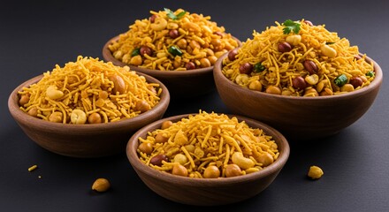 Crispy Indian snack mix known as namkeen, made with sev, peanuts, and fried lentils, served in multiple wooden bowls on a dark background.