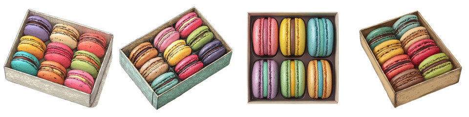 Colorful Macarons in Decorative Boxes on a White Background