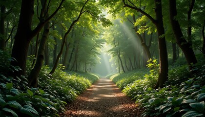 Fototapeta premium A path through a forest with sunlight shining through the trees