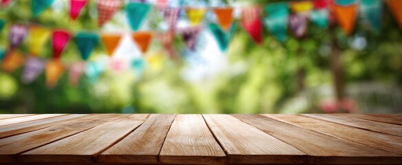 The colorful outdoor festooned background with wooden tabletop perspective.