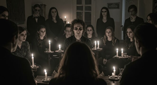 Group of people participating in a candlelit seance in dark room  
