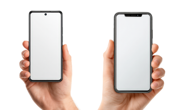 Two Hands Holding Smartphones with Blank Screens for Mockup Use