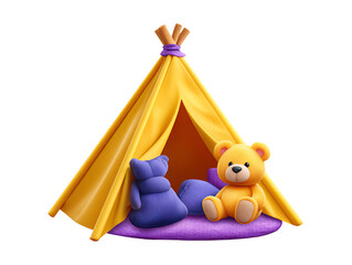 Obraz premium Adorable Teddy Bears Inside a Playful Yellow Teepee Tent for Kids