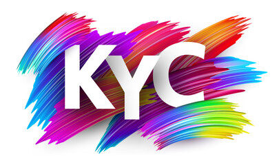 KYC acronym in bold white letters with dynamic multicolor brush strokes, symbolizing identity verification. Vector illustration.