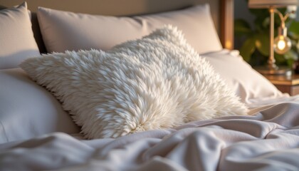 A white pillow with a fuzzy texture sits on a bed