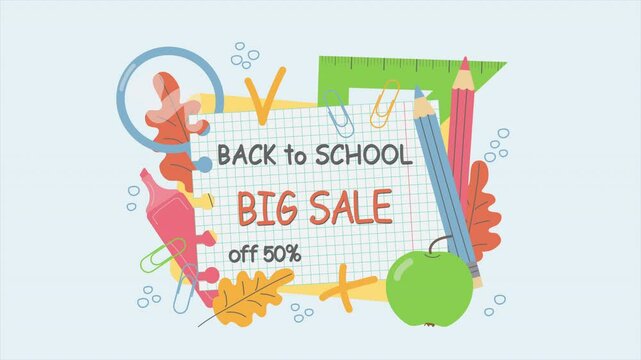 Animation with stationery and the inscription big sale for back to school for advertising shopping, isolated on a light background. 50% discount. Advertising for websites, social networks, online stor