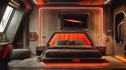 Fototapeta premium Constructivism style bedroom with a focus on functionality featuring industrial materials angular shapes and a striking red-and-black color scheme interior