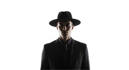 Isolated Silhouette of Man in Hat Suit With Black Background