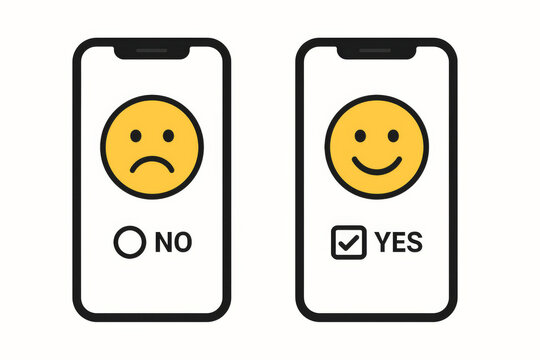 Customer satisfaction emoji feedback survey mobile app interface. Happy sad emoticon rating system vote yes no. Digital opinion poll smartphone screen user experience concept