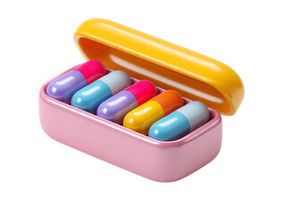 Colorful Capsules in a Pink and Yellow Pill Case Medicine and Healthcare Concept