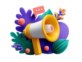 Vibrant 3D Megaphone Announcement with Tropical Leaves and Speech Bubble