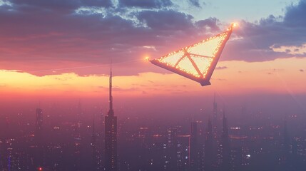 Futuristic UFO over city at sunset