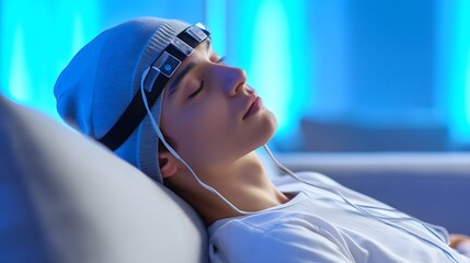 Person wearing EEG headband relaxing on futuristic medical monitoring device