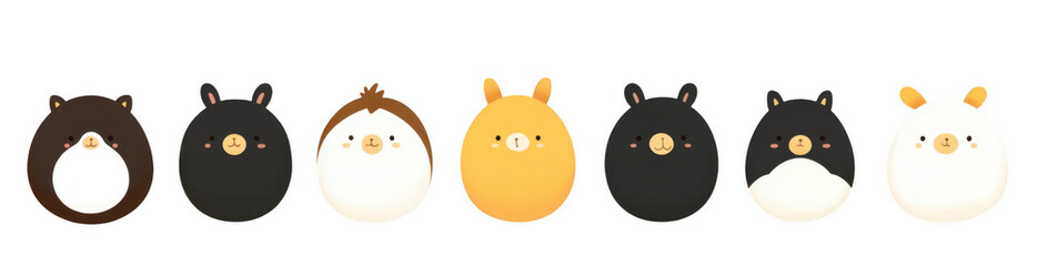 Cute animal cartoon characters in row, featuring various adorable designs with round shapes and cheerful expressions on transparency background. These characters evoke joy and playfulness