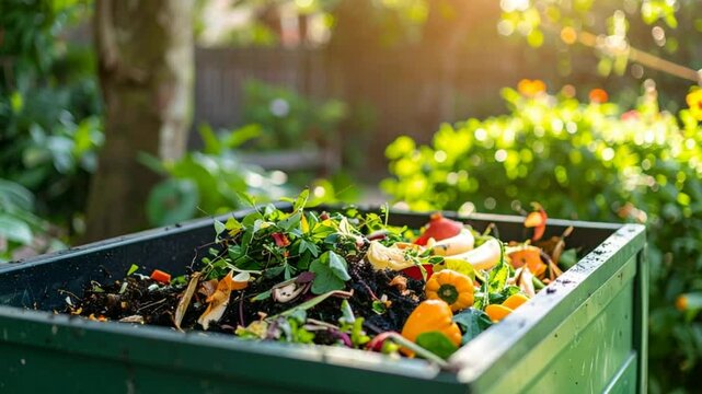 Organic waste in compost bin outdoors