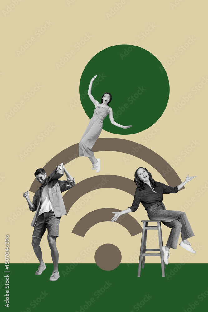 Poster banner vertical 3d collage poster of happy business partners stand wifi waves icon fast 5g network c