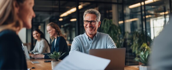 The professional team engaging in a dynamic office meeting with smiles and technology.