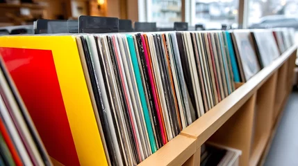 Fototapete Musikladen Shelves of colorful vinyl records in a music retail store  © pkproject