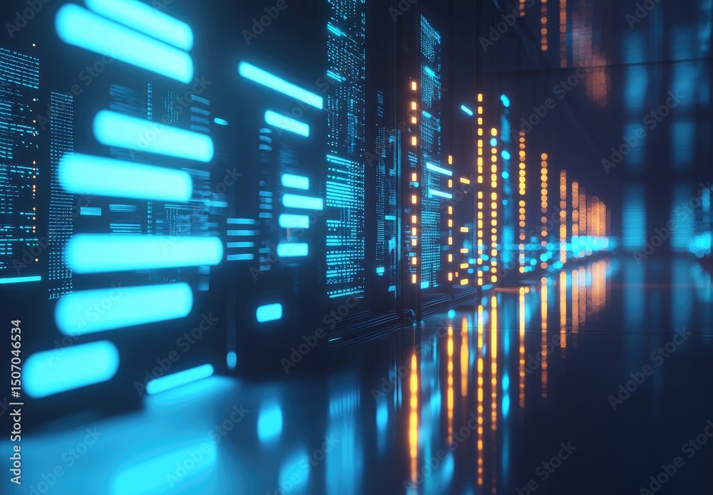 Fototapete High-tech data center corridor with vivid blue and orange server lights reflecting on the floor. Great for futuristic IT, cloud architecture, cybersecurity, and modern computing infrastructure themes