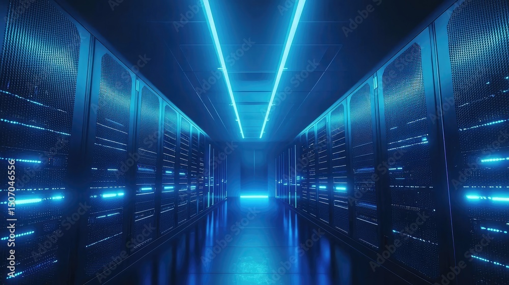 Fototapete bright futuristic server room with intense blue lighting and reflective floor in a dark corridor. id