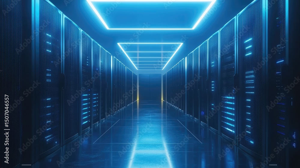 Fototapete symmetrical futuristic server corridor with glowing blue lights and reflective floor in a dark data 