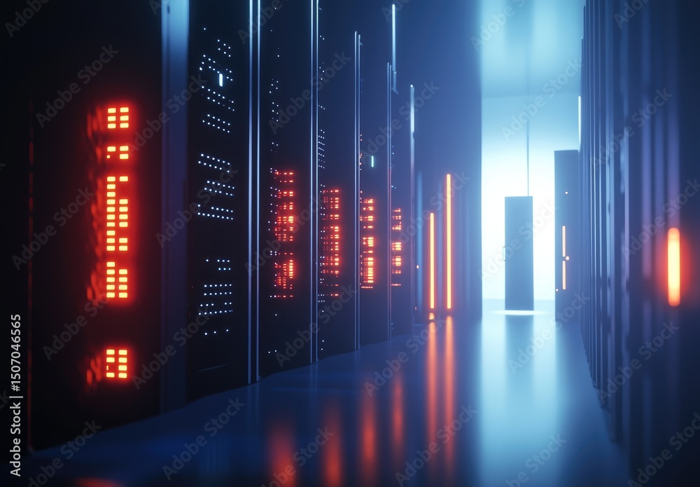 Poster futuristic data center corridor with glowing red and blue server lights, showcasing high-tech hardwa