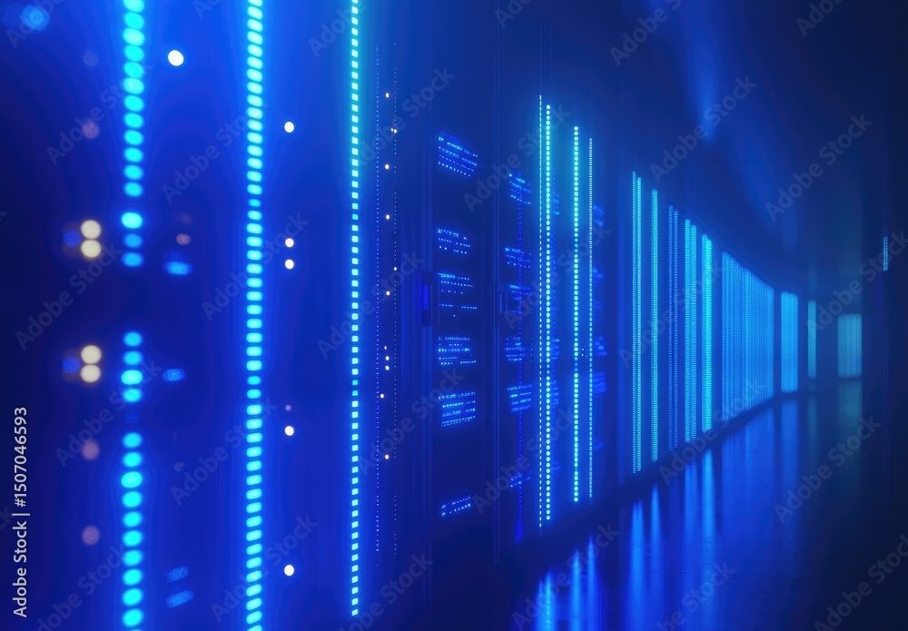 Poster Long row of glowing blue server racks in a high-tech data center corridor with intense reflections. Perfect for themes of cloud technology, big data, IT systems, and modern network solutions