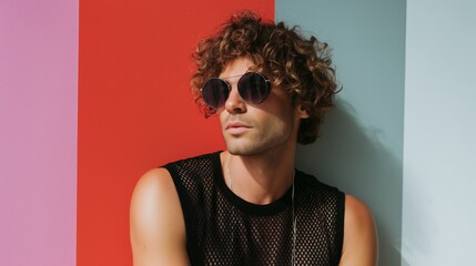 Obraz premium Stylish man poses against colorful background showcasing confidence and fashion in vibrant urban setting