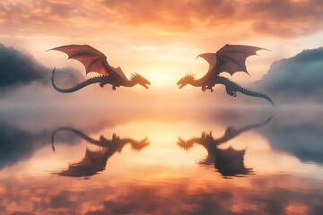 Naklejka premium Two Majestic Dragons Circling Above a Misty Morning Lake 